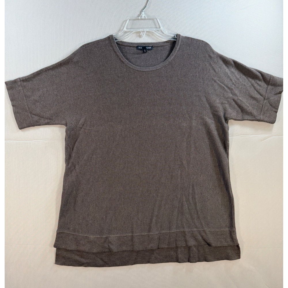 Eileen Fisher Brown Tencel Silk Knit Short Sleeve Crew Neck Top S18SYV Medium